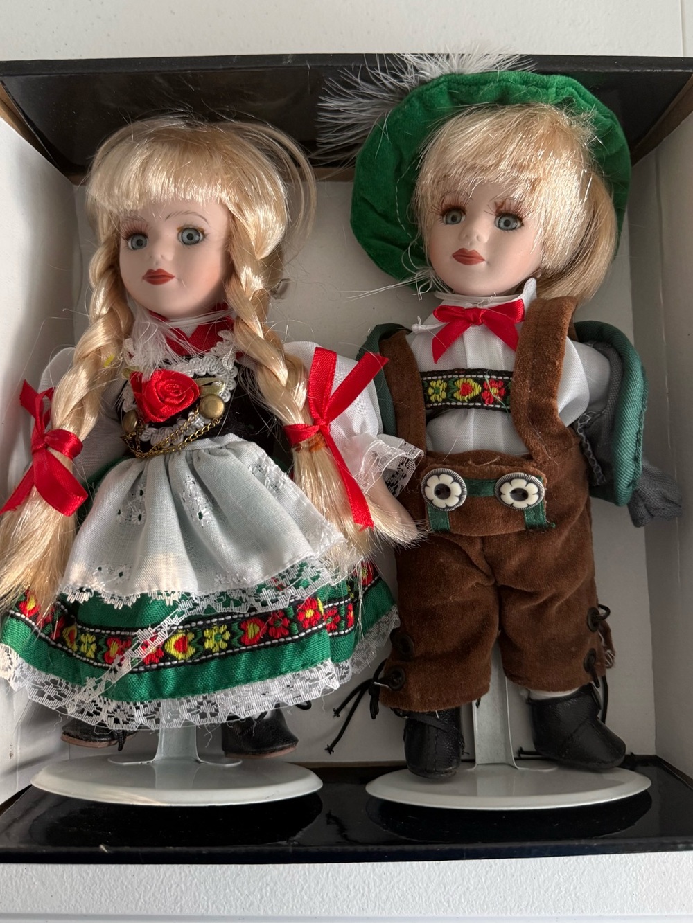 Blonde Girl and Boy Pair Porcelain Dolls in Green and Brown Traditional Outfits